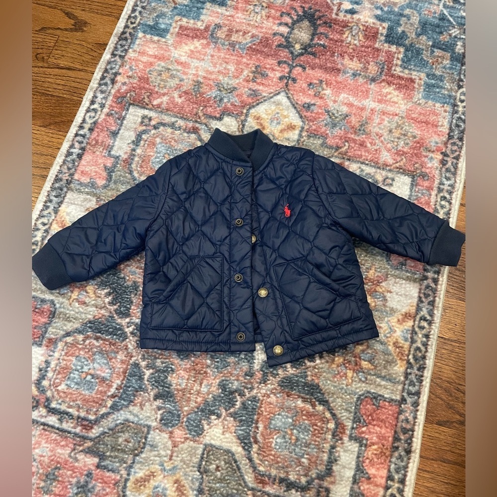 Ralph Lauren baby boy quilted bomber jacket navy blue 9 months snap front